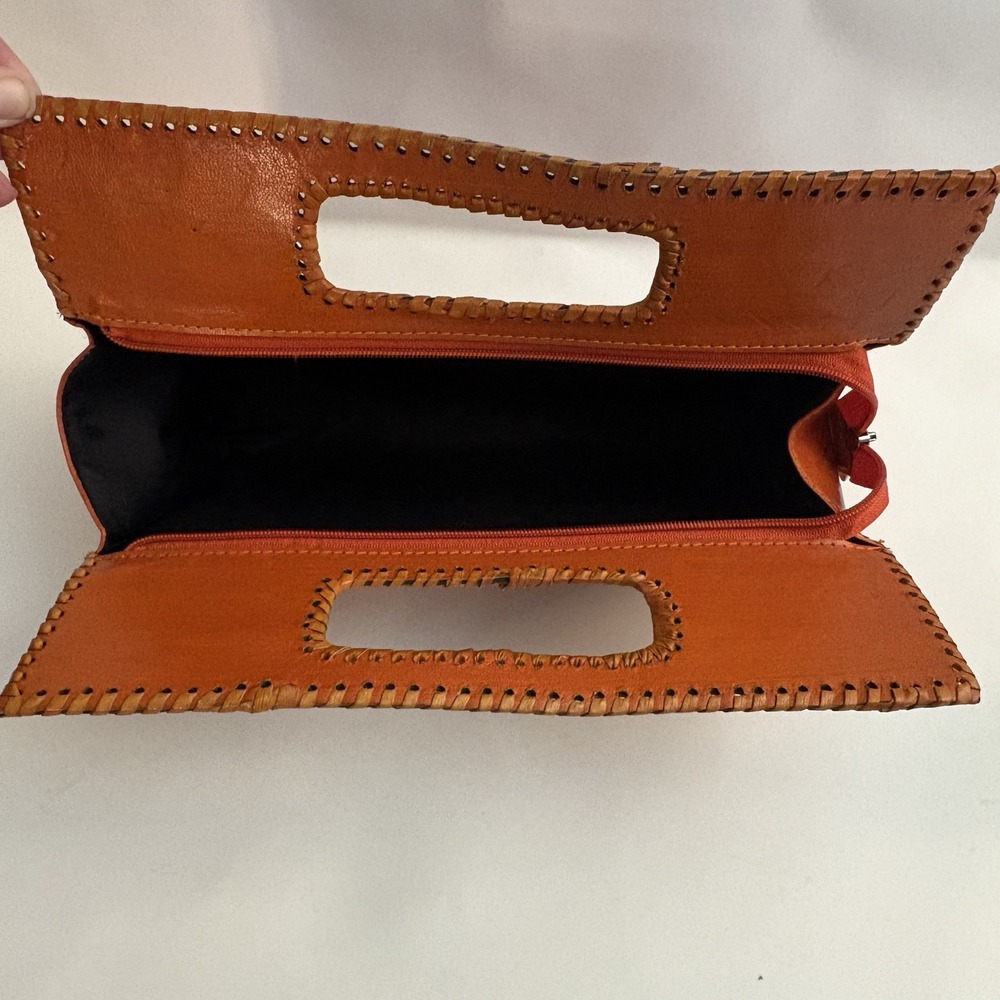 Tooled Leather Clutch Purse Floral Orange Black Handbag Whipstitch Made in India - Picture 7 of 9